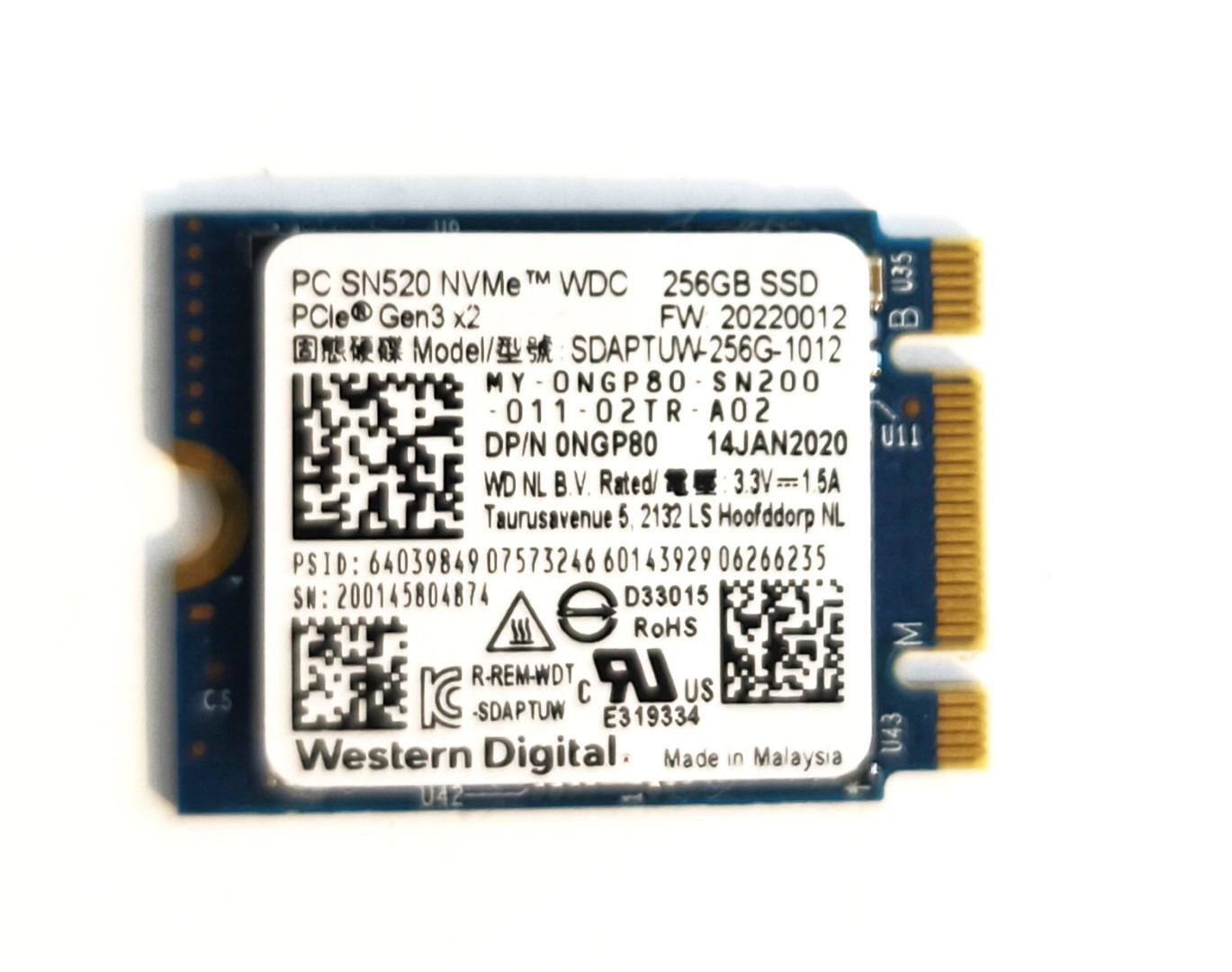 Western Digital SN520 256GB NVMe PCIe M.2 SSD DELL LATITUDE 3500 P86F P86F001