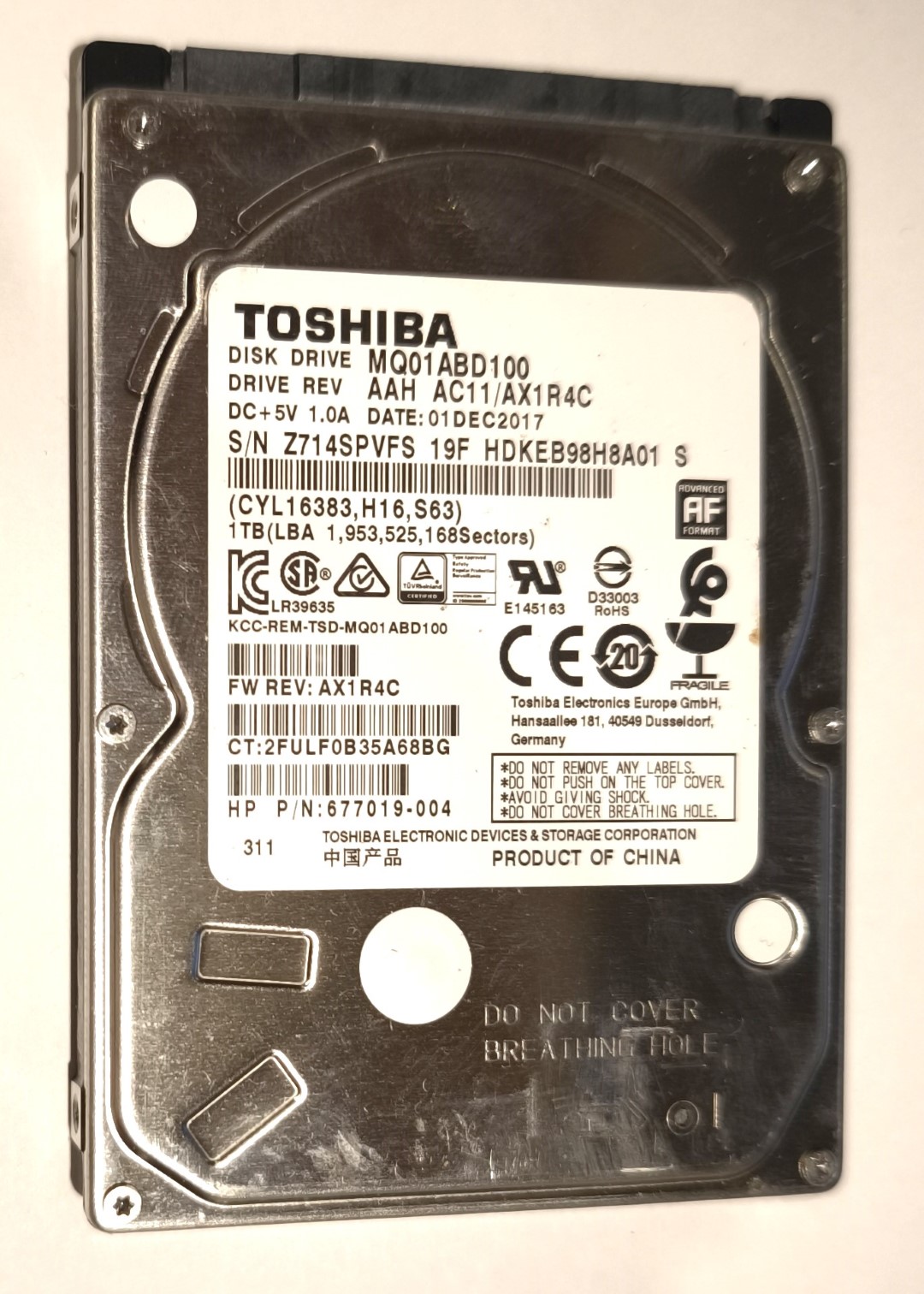 TOSHIBA MQ01ABD100 DISCO DURO 2,5" HDD SATA 1TB PARA PORTATIL