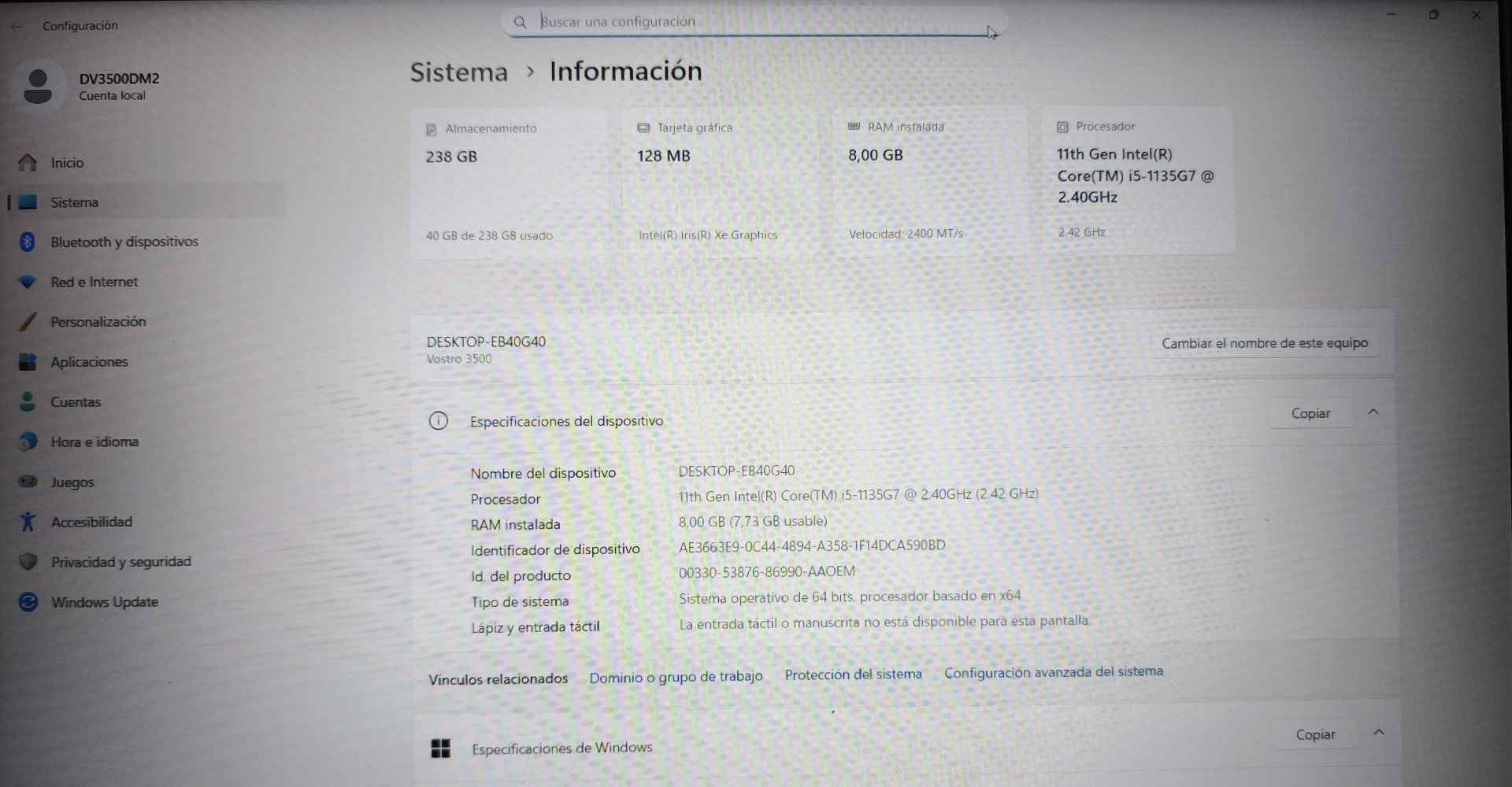 Portátil DELL VOSTRO 15-3500 I5 11th gen Excelente - Imagen 2